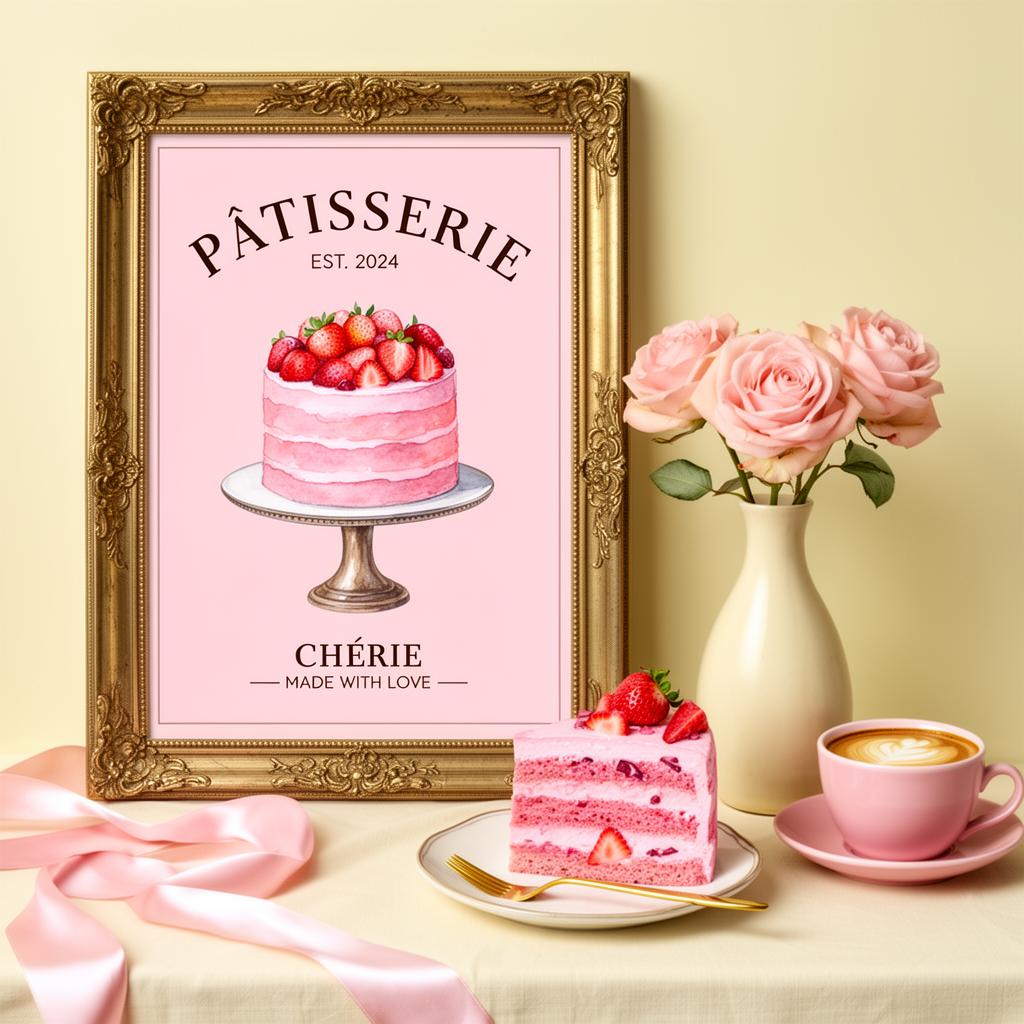 Vintage patisserie scene with framed pink pâtisserie poster, strawberry cake, latte and pink roses