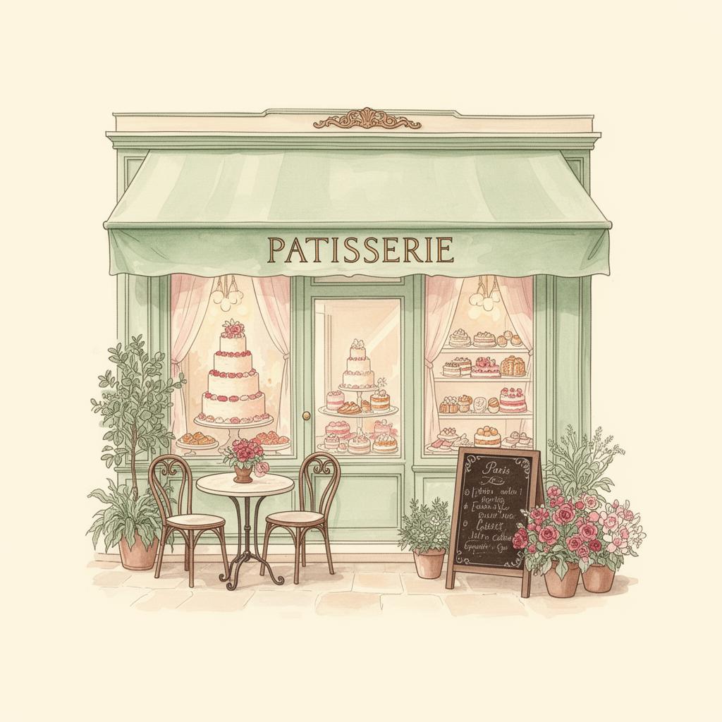 Vintage Parisian patisserie storefront illustration